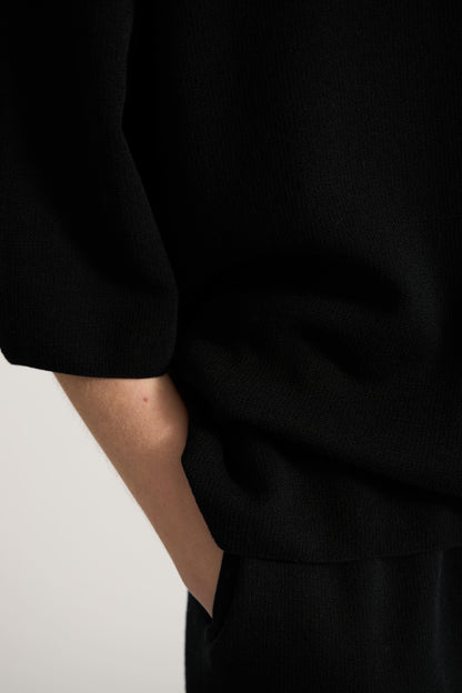 Closeup of a black top sleeve detail